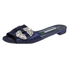 Manolo Blahnik Navy Blue Satin Crystal Flat Sandals Size 39