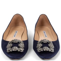 MANOLO BLAHNIK navy blue satin HANGISI CRYSTAL Ballet Flats Shoes 39