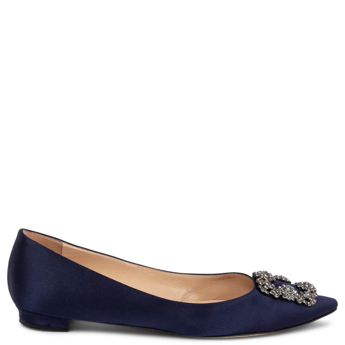 MANOLO BLAHNIK navy blue satin HANGISI CRYSTAL Ballet Flats Shoes 39