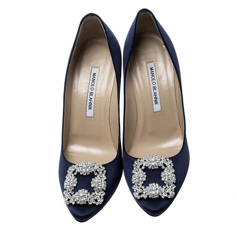 Manolo Blahnik Navy Blue Satin Hangisi Crystal Embellished Pumps Size ...