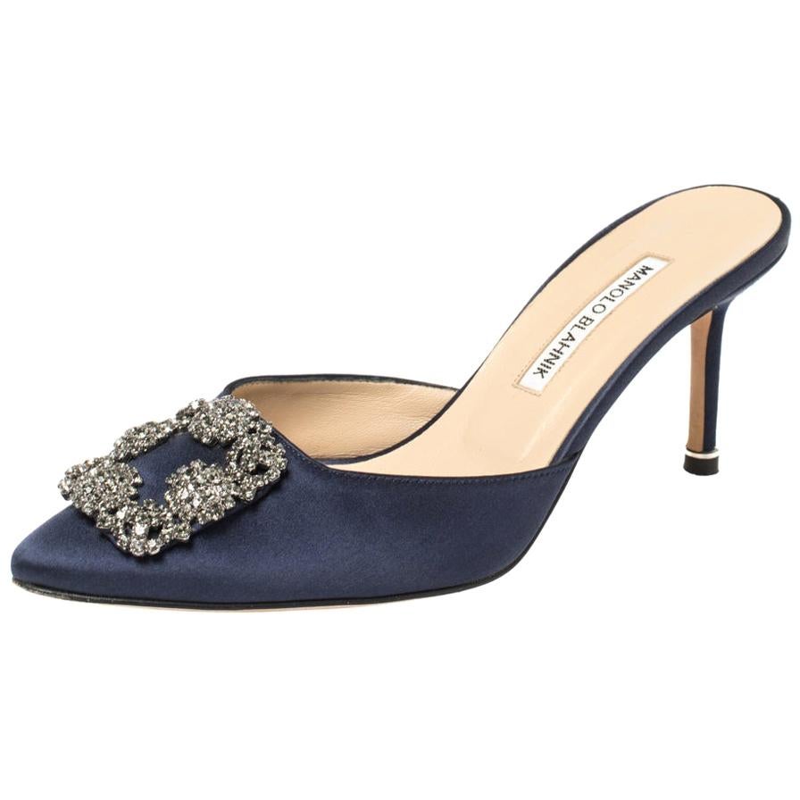 Manolo Blahnik Navy Blue Satin Hangisi Pointed Toe Mules Size 38.5