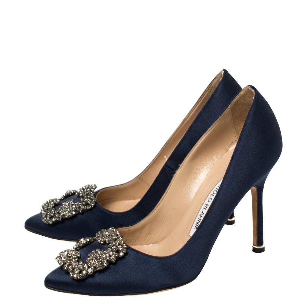 Manolo Blahnik Navy Blue Satin Hangisi Pumps Size 35 1