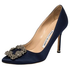 Manolo Blahnik Navy Blue Satin Hangisi Pumps Size 35 at 1stDibs