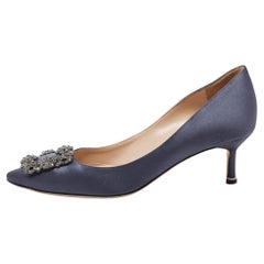 Manolo Blahnik Navy Blue Satin Hangisi Pumps Size 37