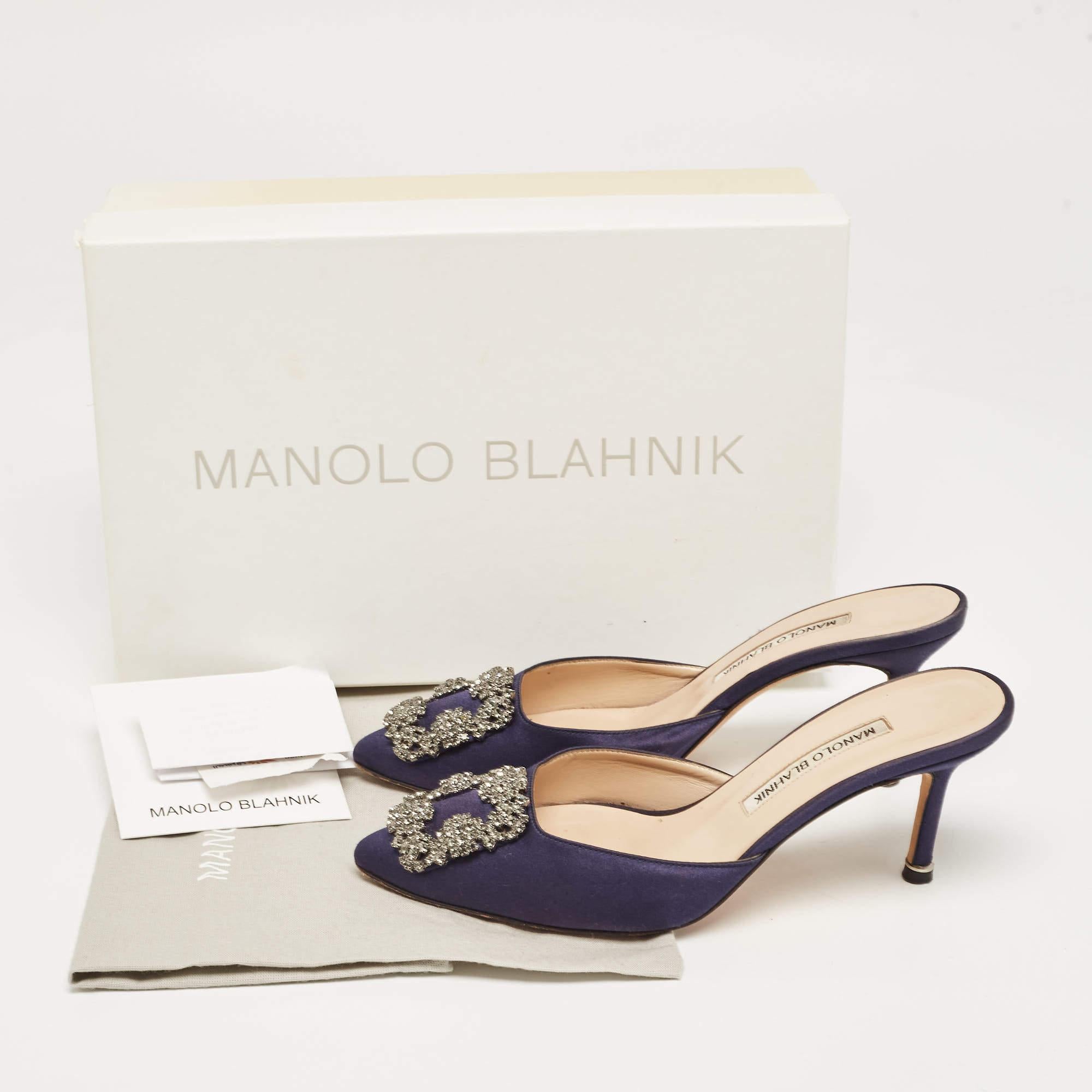 Manolo Blahnik Navy Blue Satin Hangisimu Mules Size 36.5 For Sale 6