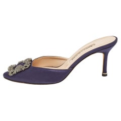 Manolo Blahnik Navy Blue Satin Hangisimu Mules Size 36.5