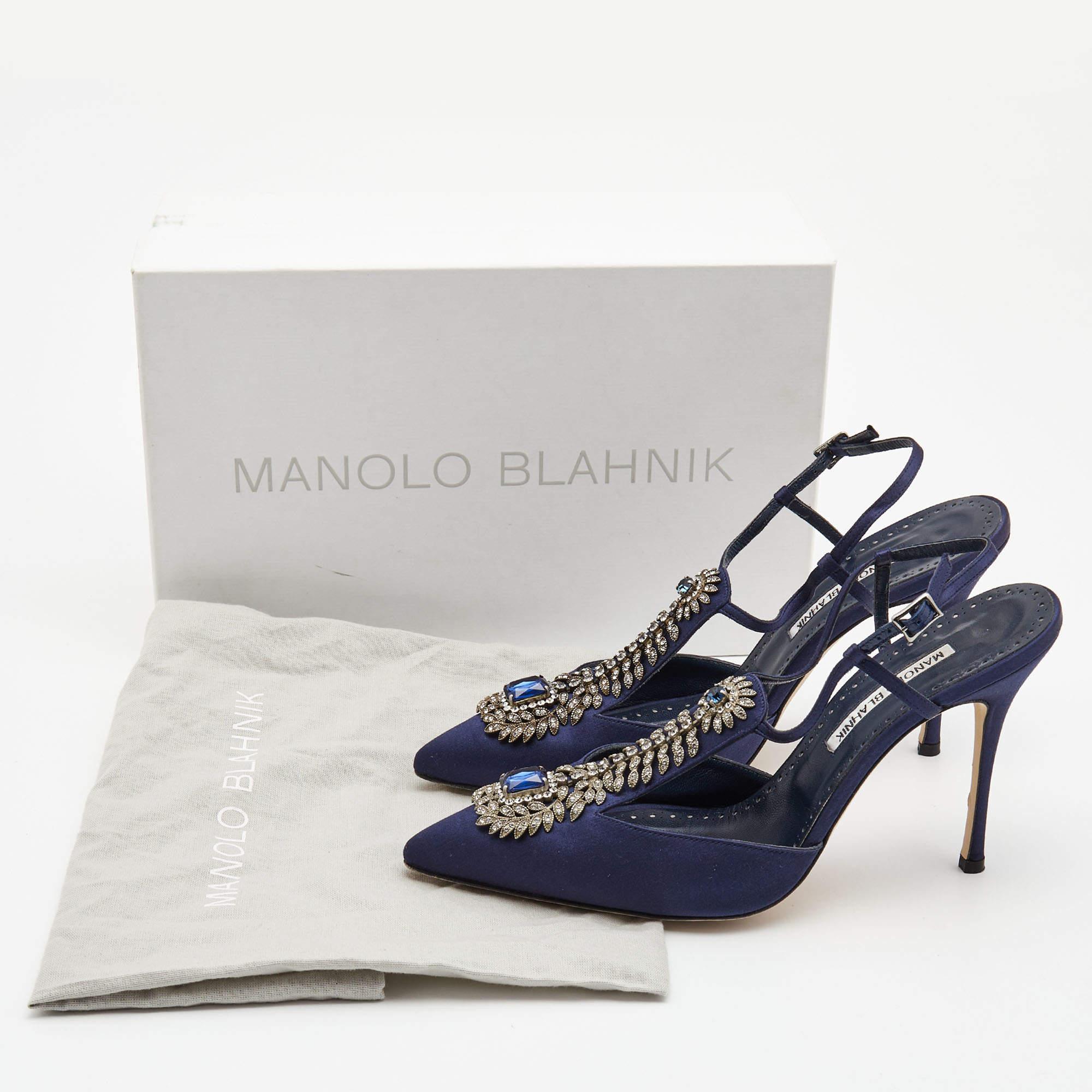 Manolo Blahnik Navy Blue Satin Jamala Crystal Embellished Pumps Size 39.5 4