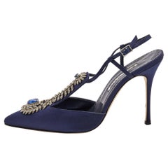 Manolo Blahnik Navy Blue Satin Jamala Crystal Embellished Pumps Size 39.5