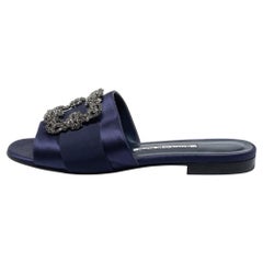 Manolo Blahnik Navy Blue Satin Martamod Flat Sandals Size 38
