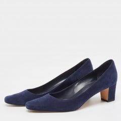 Manolo Blahnik Navy Blue Suede Block Heel Pumps Size 38