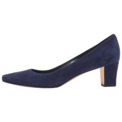 Manolo Blahnik Navy Blue Suede Block Heel Pumps Size 38