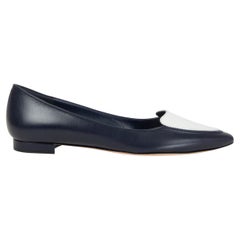 MANOLO BLAHNIK navy blue & white leather POINTED TOE Ballet Flats Shoes 36.5