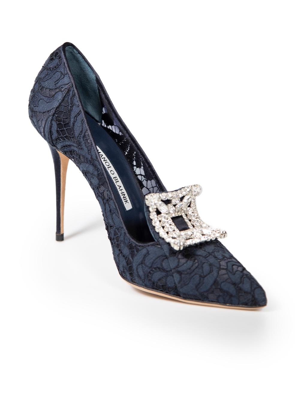 CONDITION is Very good. Hardly any visible wear to pumps is evident on this used Manolo Blahnik designer resale item.
 
Details
Navy
Lace
Pumps
Slip on
Point toe
Crystal buckle detail
High heeled
 
Made in Italy
 
Composition
EXTERIOR: