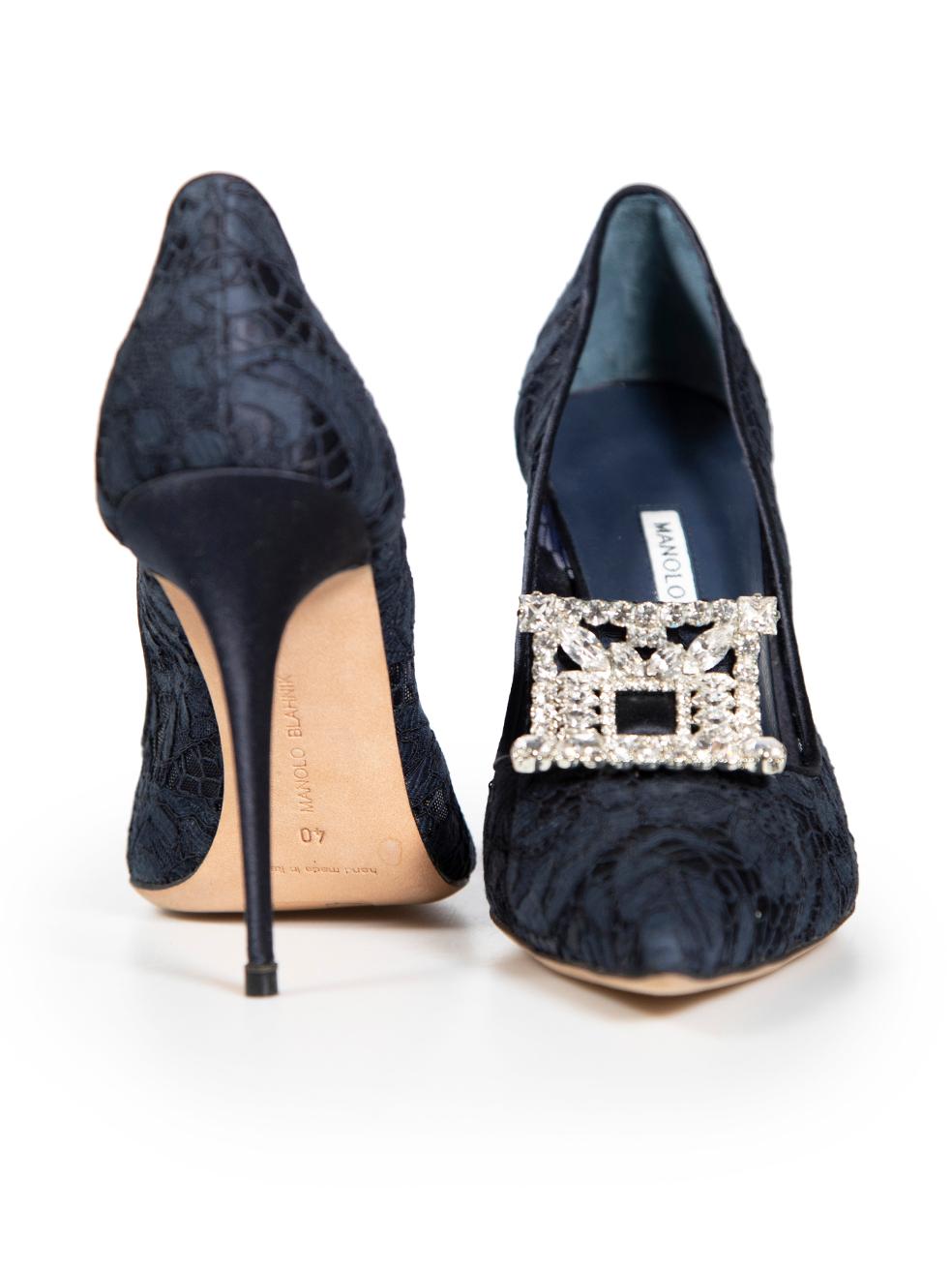 Manolo Blahnik Navy Lace Crystal Buckle Pumps In Excellent Condition For Sale In London, GB