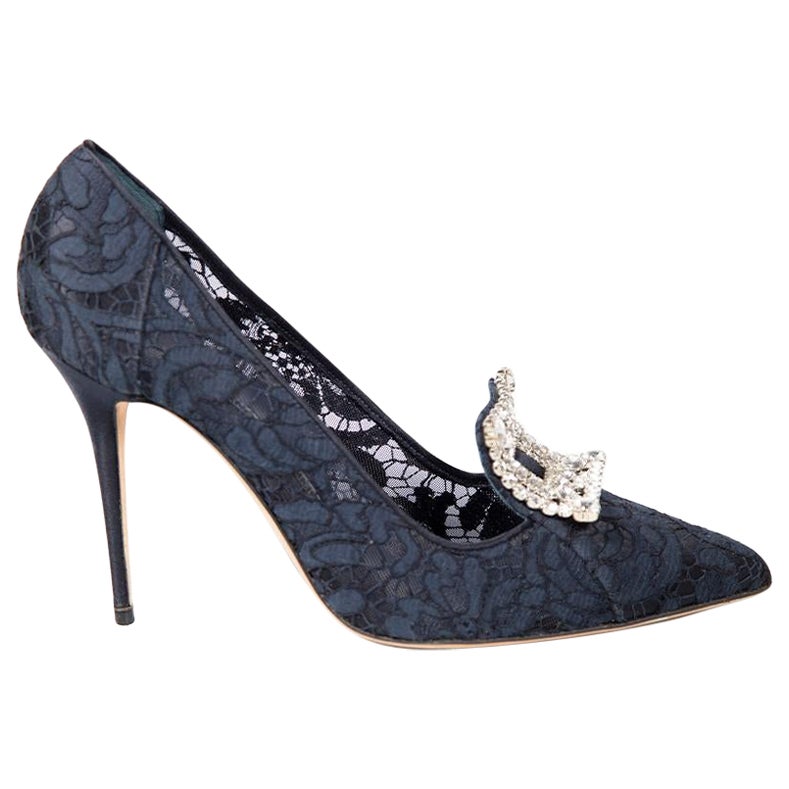 Manolo Blahnik Navy Lace Crystal Buckle Pumps