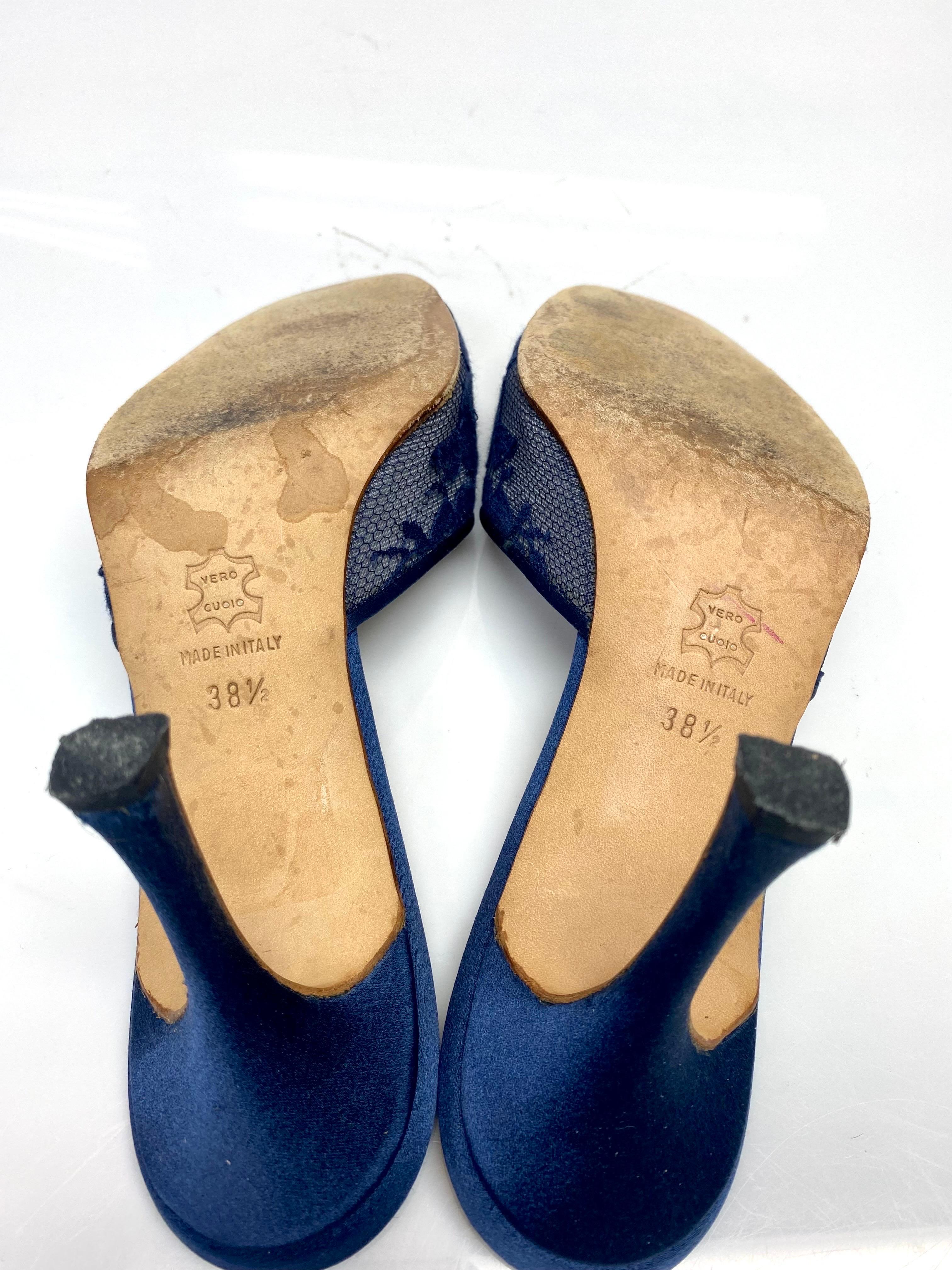 Manolo Blahnik Navy Lace Open Toe Heels Size 38.5 For Sale 3