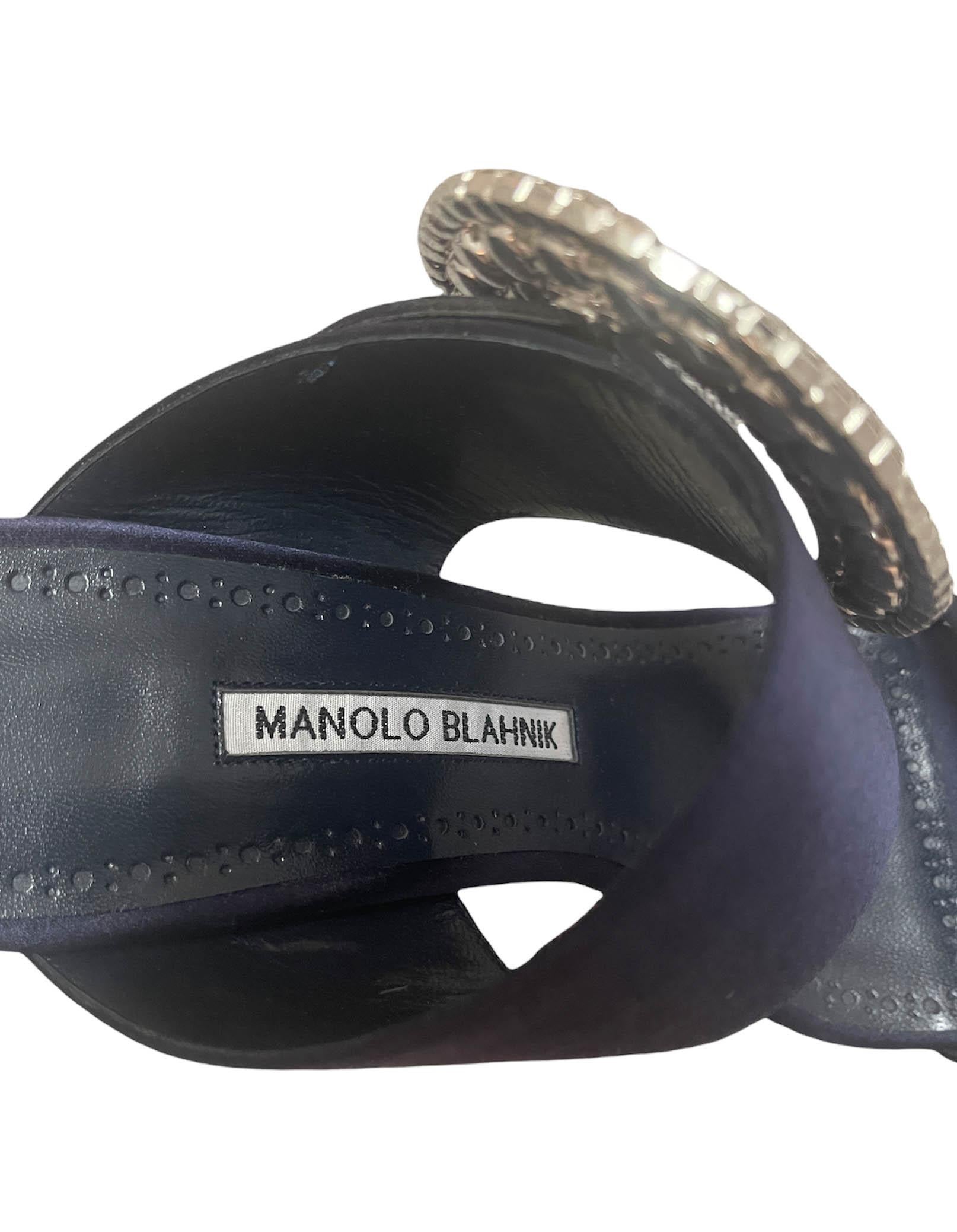 Women's Manolo Blahnik Navy Satin Fibionabi 105mm Crystal Sandals sz 39.5 rt. $1, 045