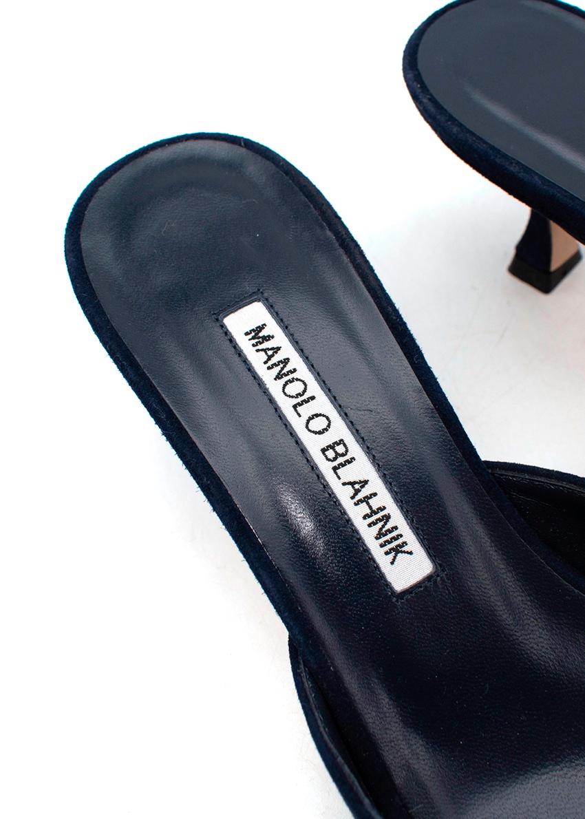 Black Manolo Blahnik Navy Suede Maysale 50 Heeled Mules For Sale