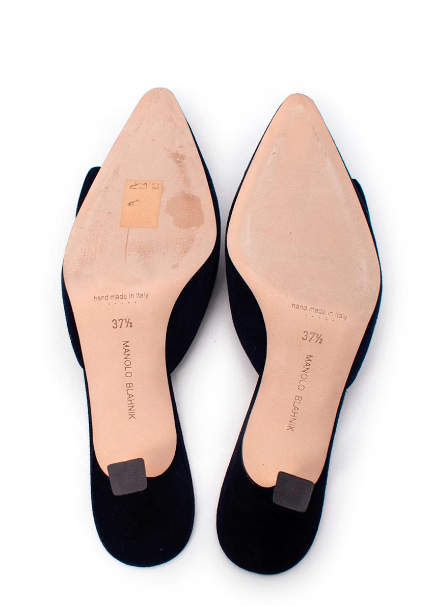 Manolo Blahnik Navy Suede Maysale 50 Heeled Mules In Excellent Condition For Sale In London, GB