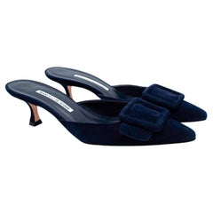 Manolo Blahnik Navy Suede Maysale 50 Heeled Mules