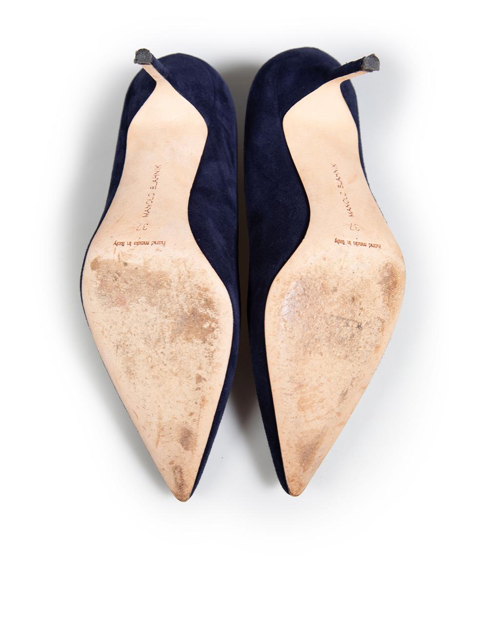 Manolo Blahnik Navy Suede Pointed-Toe Pumps Size IT 37 In Good Condition In London, GB