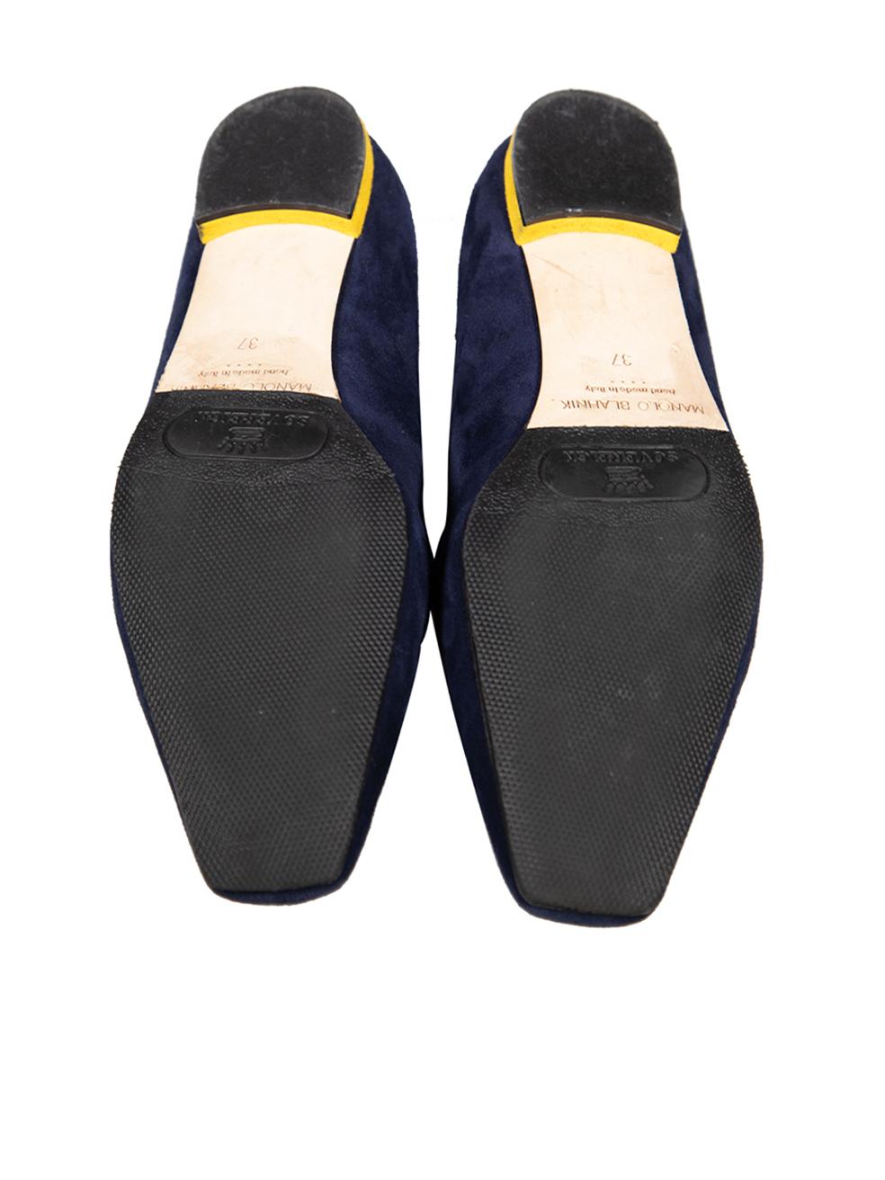 Women's Manolo Blahnik Navy Suede Square Toe Loafers Size IT 37 For Sale