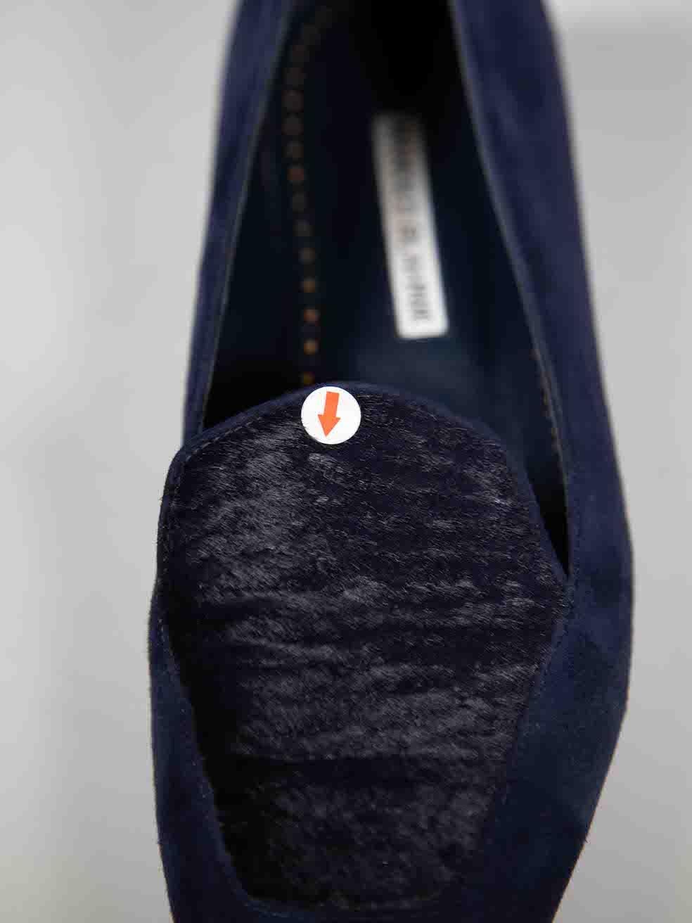 Manolo Blahnik Navy Suede Square Toe Loafers Size IT 37 For Sale 1