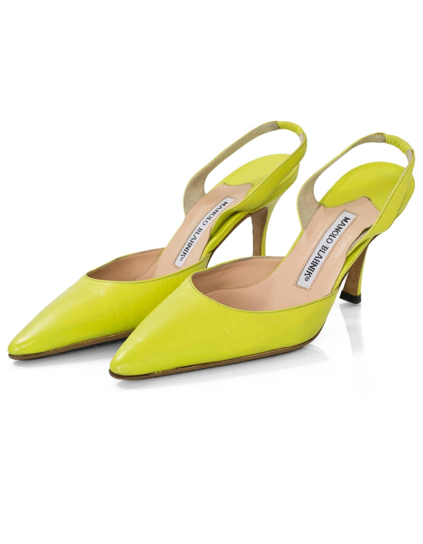 Manolo Blahnik Neon Green Slingback Pumps Sz 36.5

Made In: Italy
Color: Neon green
Materials: Leather
Closure/Opening: Sling back
Sole Stamp: Manolo Blahnik Made in Italy 36.5
Overall Condition: Excellent pre-owned condition with the exception of