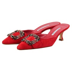 Manolo Blahnik NEW Red Suede Maysale Crystal Buckle Mules sz 39.5 rt $1, 045