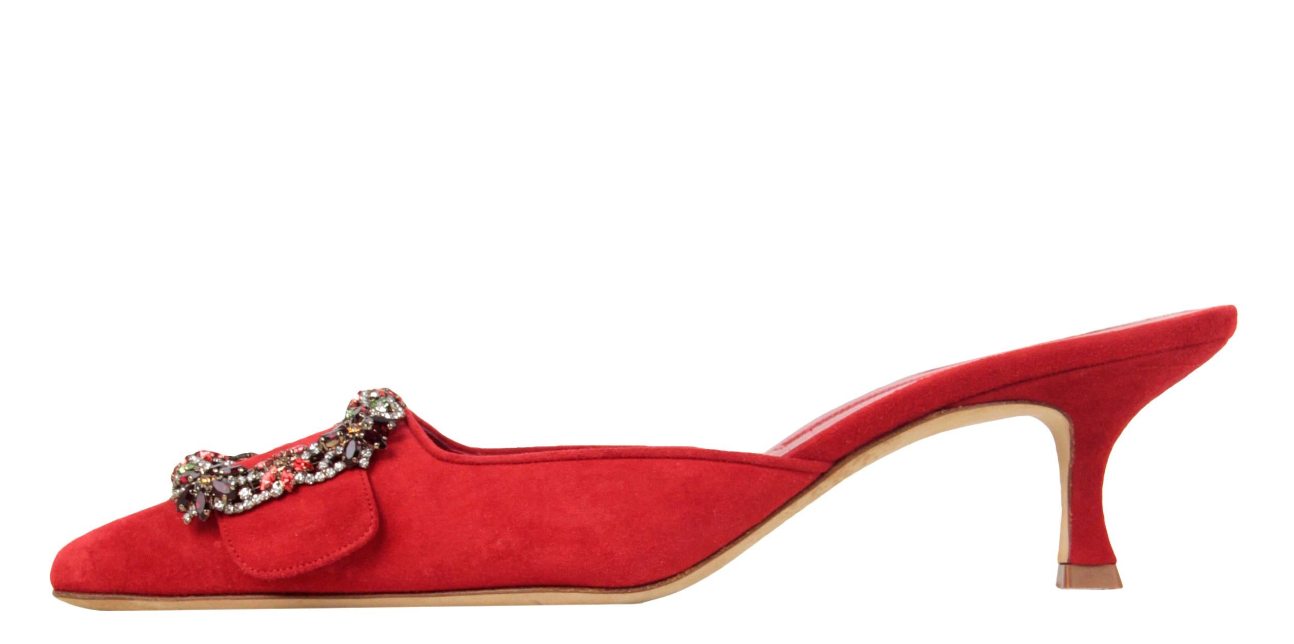 Manolo Blahnik NEW Red Suede Maysale Crystal Buckle Mules sz 39.5

Made In: Italy
Color: Red
Materials: Suede with red, coral, green, amber crystals
Closure/Opening: Slip on
Overall Condition: Like new. Does not include box or dustbags
Estimated