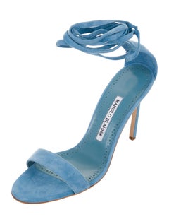 Manolo Blahnik NEW Tiffany Blue Suede Tie UP Ankle Strappy Sandals Heels in Box