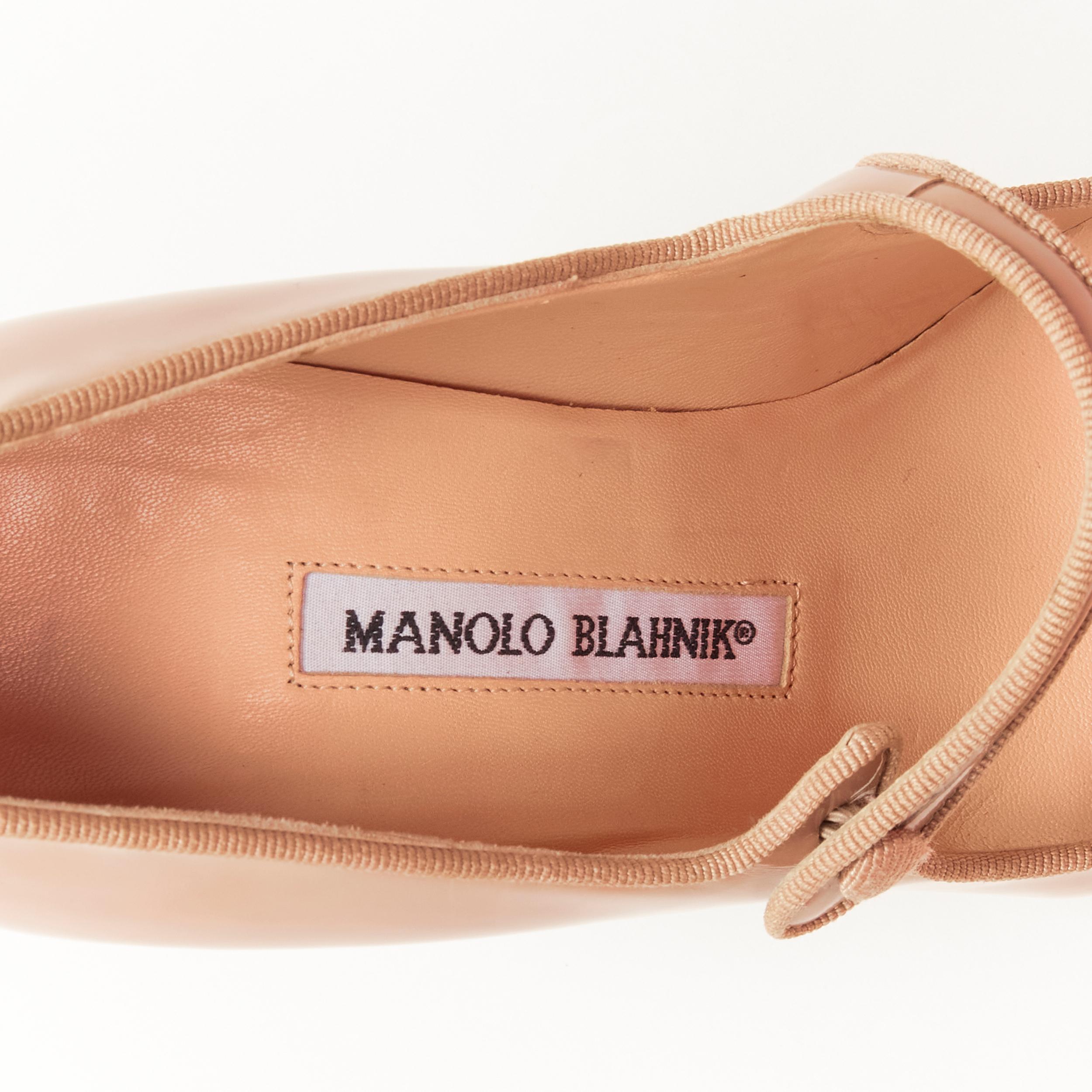 MANOLO BLAHNIK nude patent Campari 105 Mary Jane curved heel pump EU37.5 3