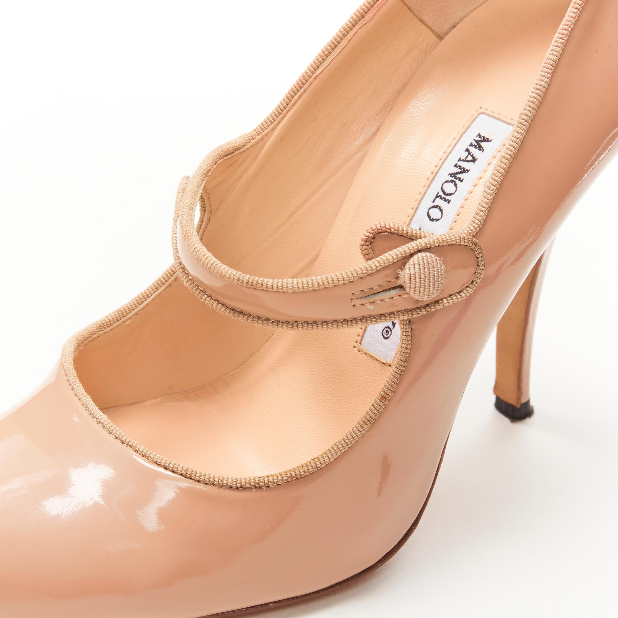 Women's MANOLO BLAHNIK nude patent Campari 105 Mary Jane curved heel pump EU37.5