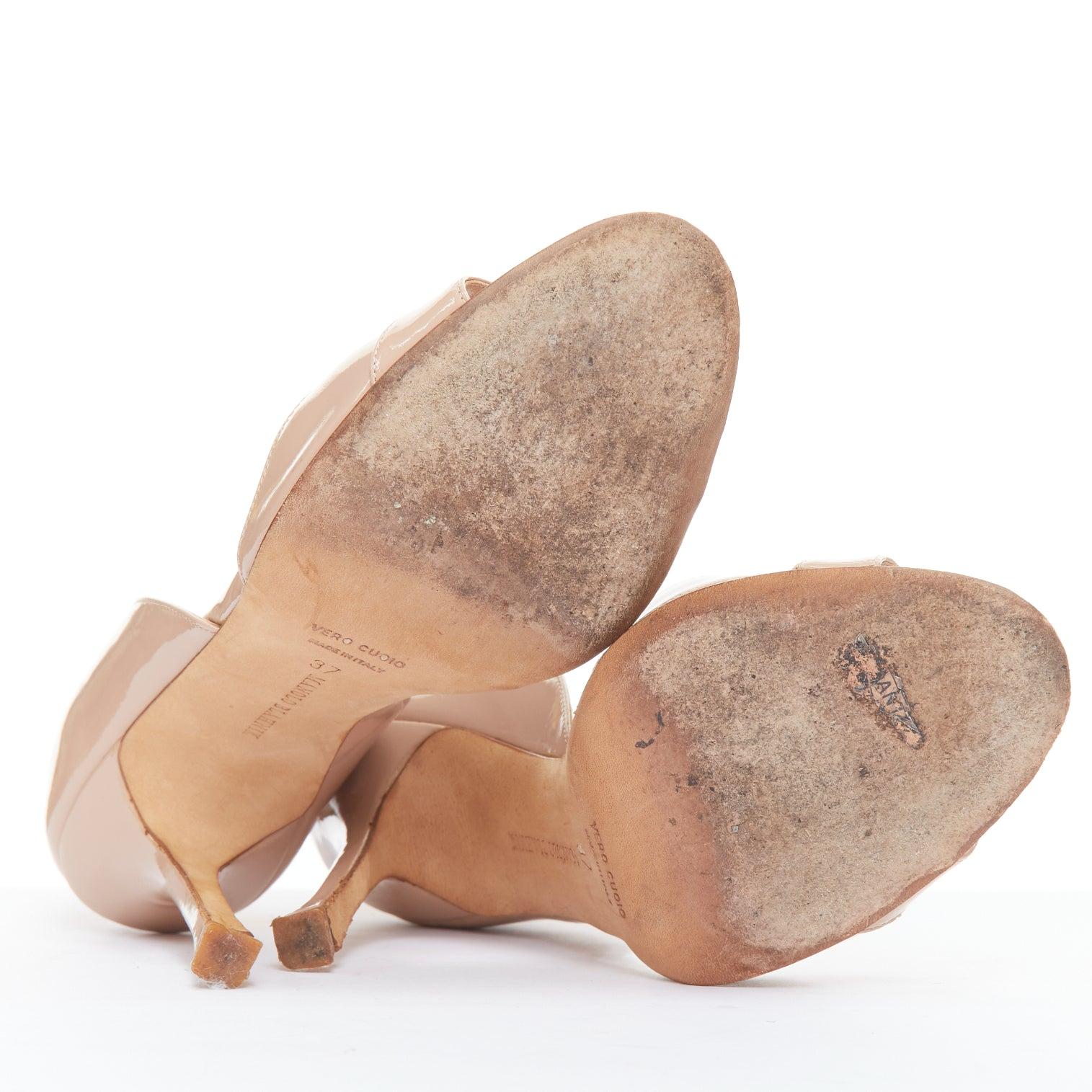 MANOLO BLAHNIK nude patent leather PVC panel peep heels EU37 6
