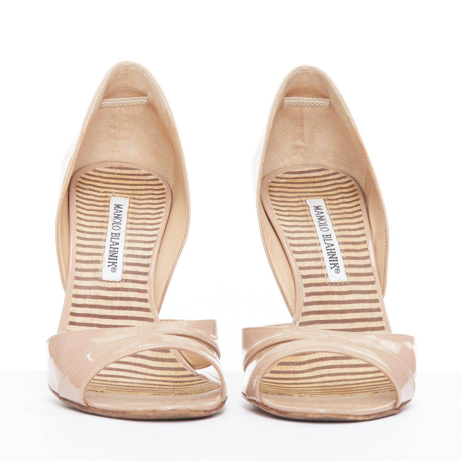 Beige MANOLO BLAHNIK nude patent leather PVC panel peep heels EU37