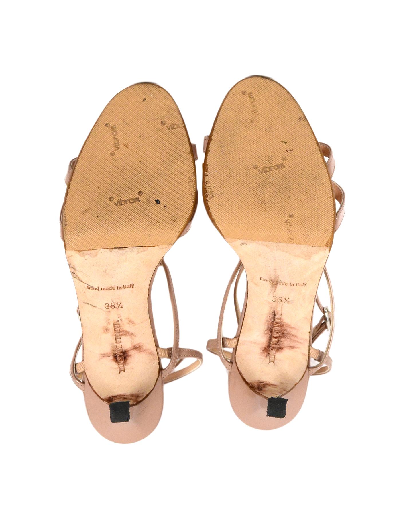 Women's Manolo Blahnik Nude Patent Leather Strappy Heel Sandals Sz 35.5