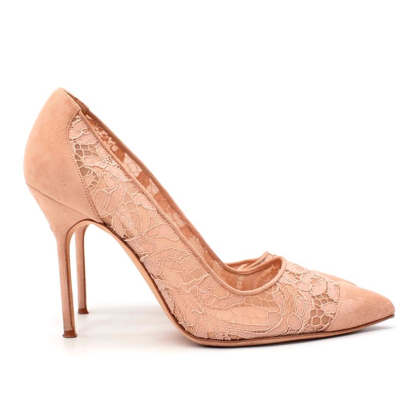 Manolo Blahnik Nude Pink Coveted BB Corded Lace Heeled Pumps
 

 - Refined nude pink corded lace heeled pump with a suede covered point toe cap and heel
 - Set on a suede-wrapped stiletto heel 
 -Leather insole and sole
 

 Materials 
 100% Suede 
