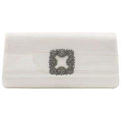 Manolo Blahnik Off-white Satin Jewel Buckle Clutch 