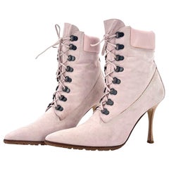 Manolo Blahnik Oklamod Timberland Pale Pink Pointed Toe Lace Up Heeled Boots 40