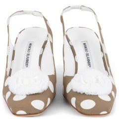 MANOLO BLAHNIK olive drab & white POLKA DOT POMPOM Slinback Pumps Shoes 38.5