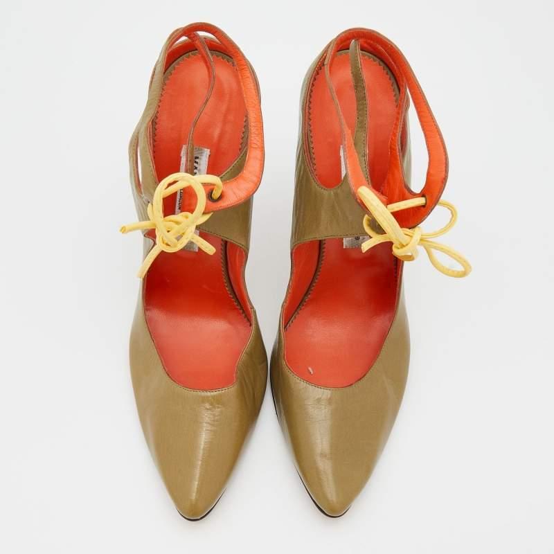 Brown Manolo Blahnik Olive Green Leather Cut Out Lace Up Pumps Size 41