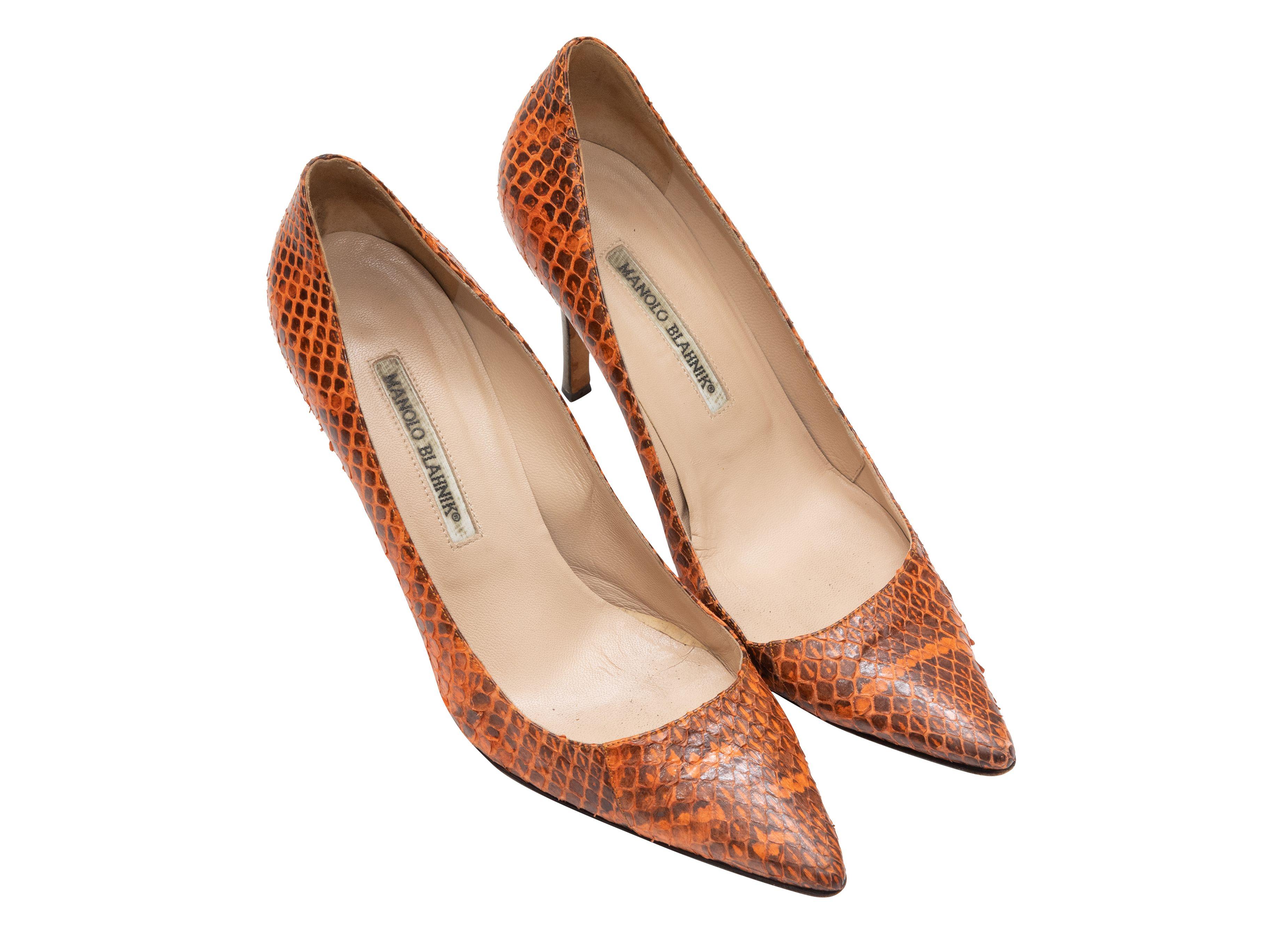 Manolo Blahnik Orange & Brown Snakeskin Pointed-Toe Pumps In Good Condition In New York, NY