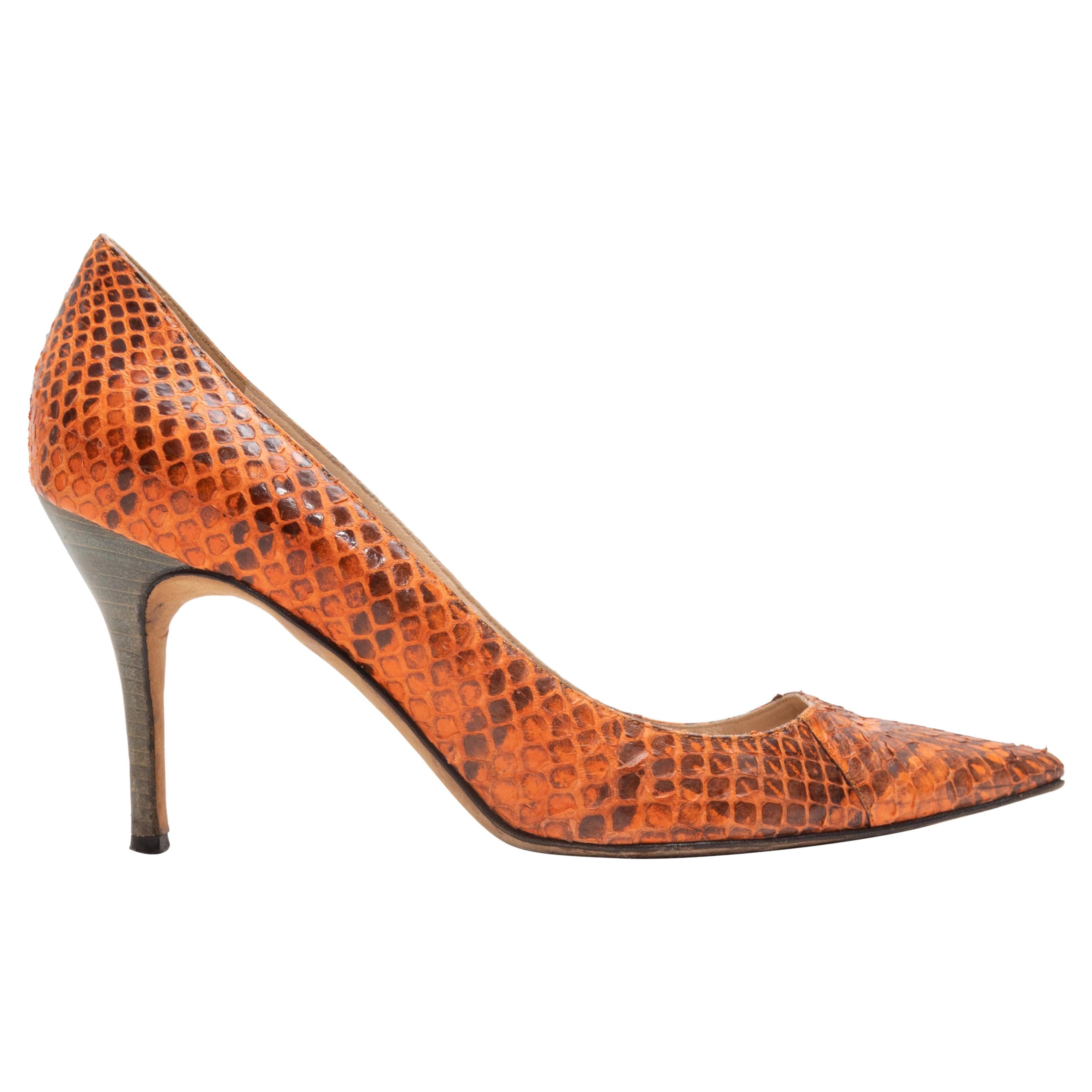 Manolo Blahnik Orange & Brown Snakeskin Pointed-Toe Pumps