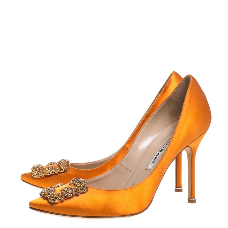 Manolo Blahnik Orange Satin Hangisi Crystal Embellished Pumps Size 39.5 ...
