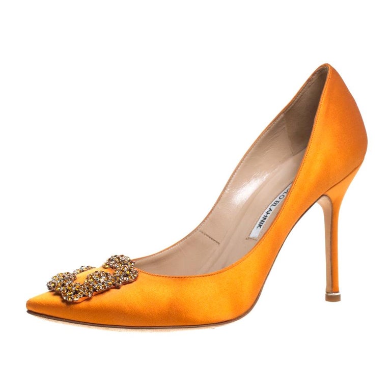 Manolo Blahnik Orange Satin Hangisi Crystal Embellished Pumps Size 39.5 ...