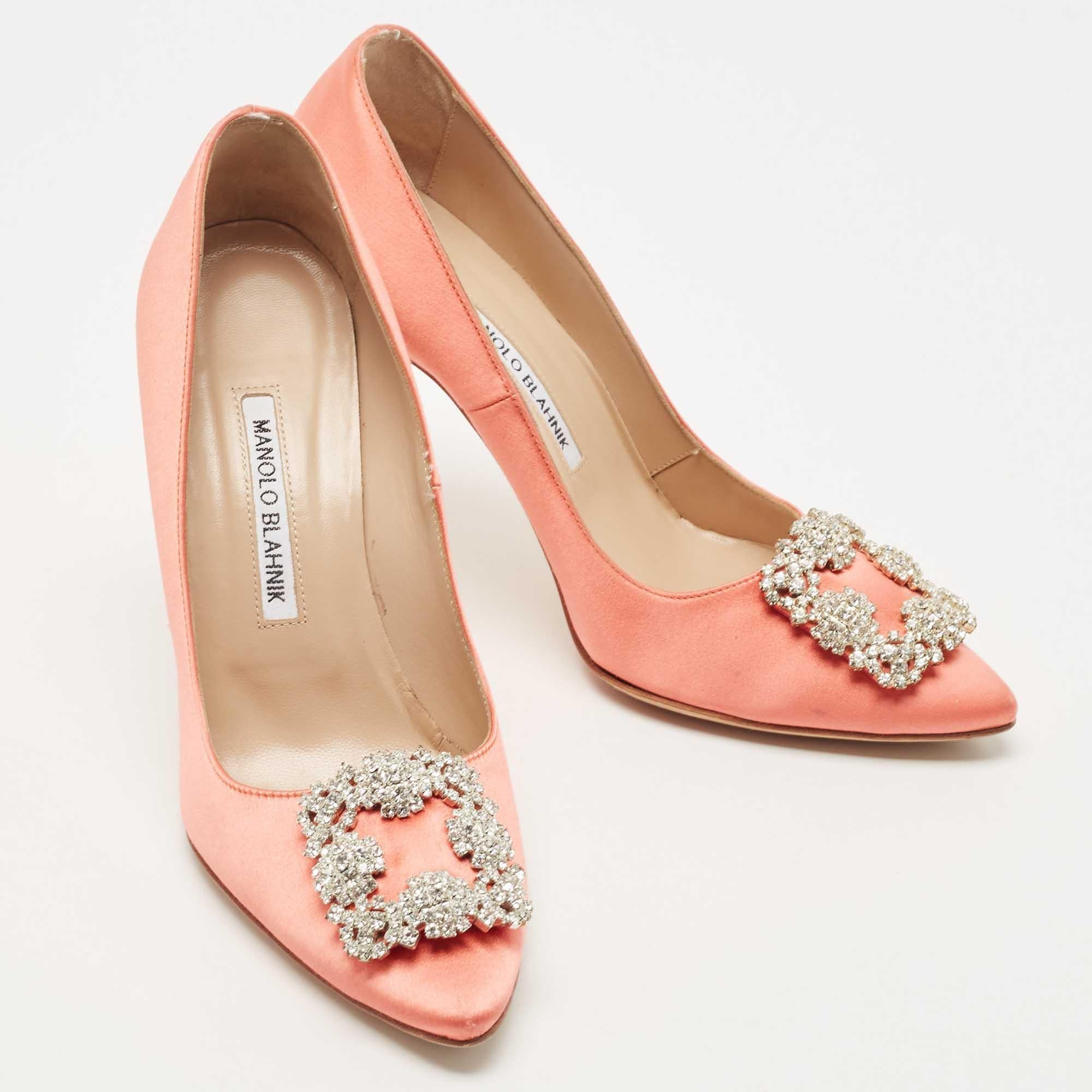 Women's Manolo Blahnik Orange Satin Hangisi Pumps Size 38