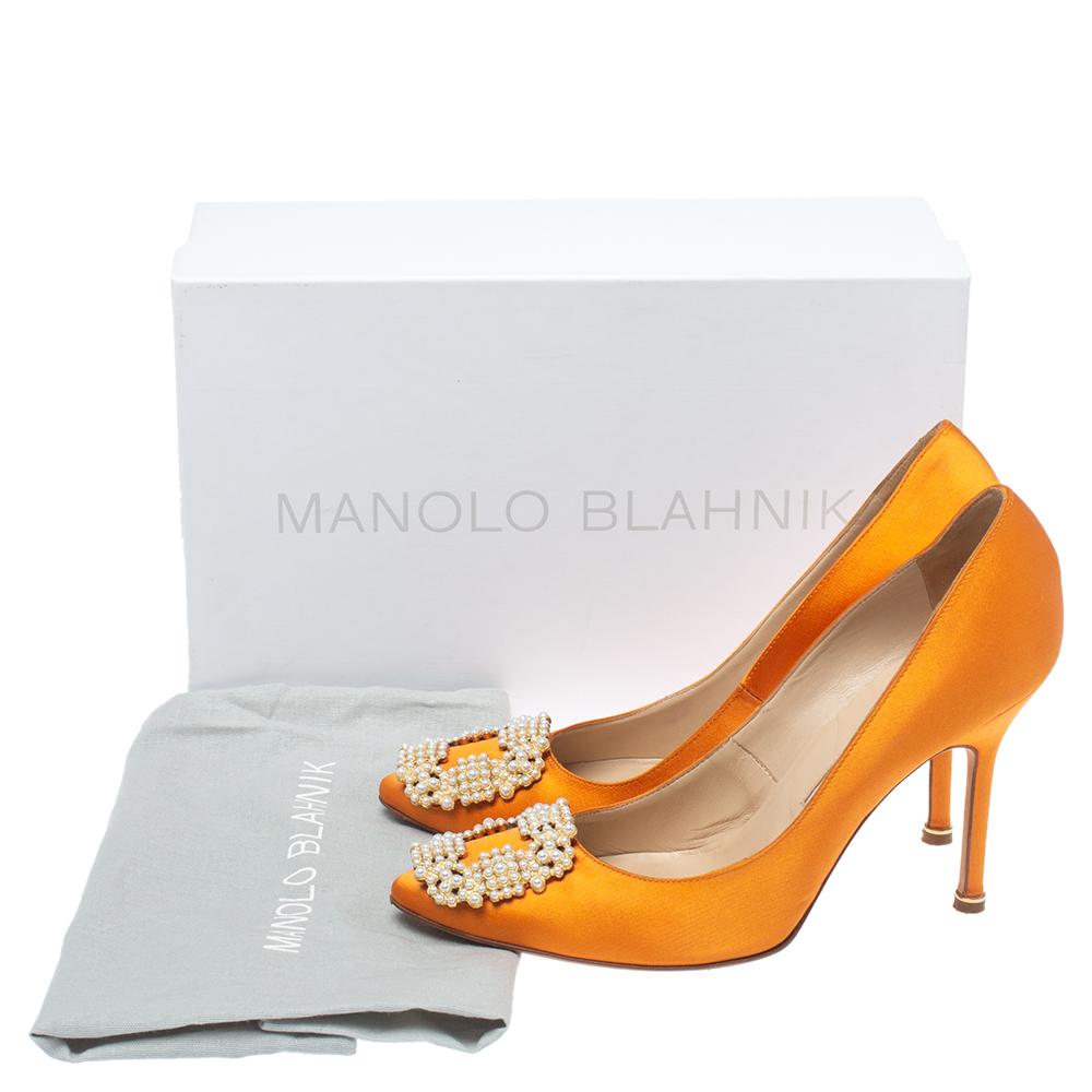 Manolo Blahnik Orange Satin Pearl Embellished Hangisi Pumps Size 37.5 1