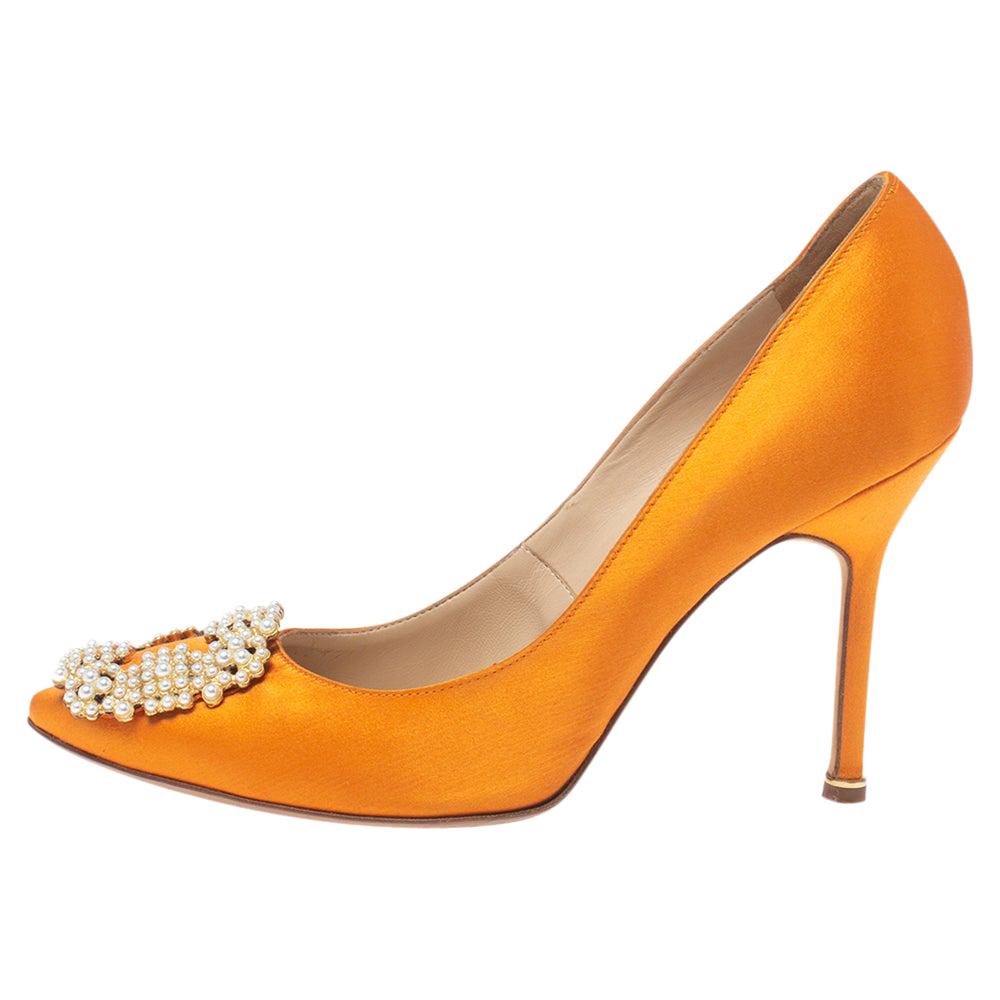 Manolo Blahnik Orange Satin Pearl Embellished Hangisi Pumps Size 37.5