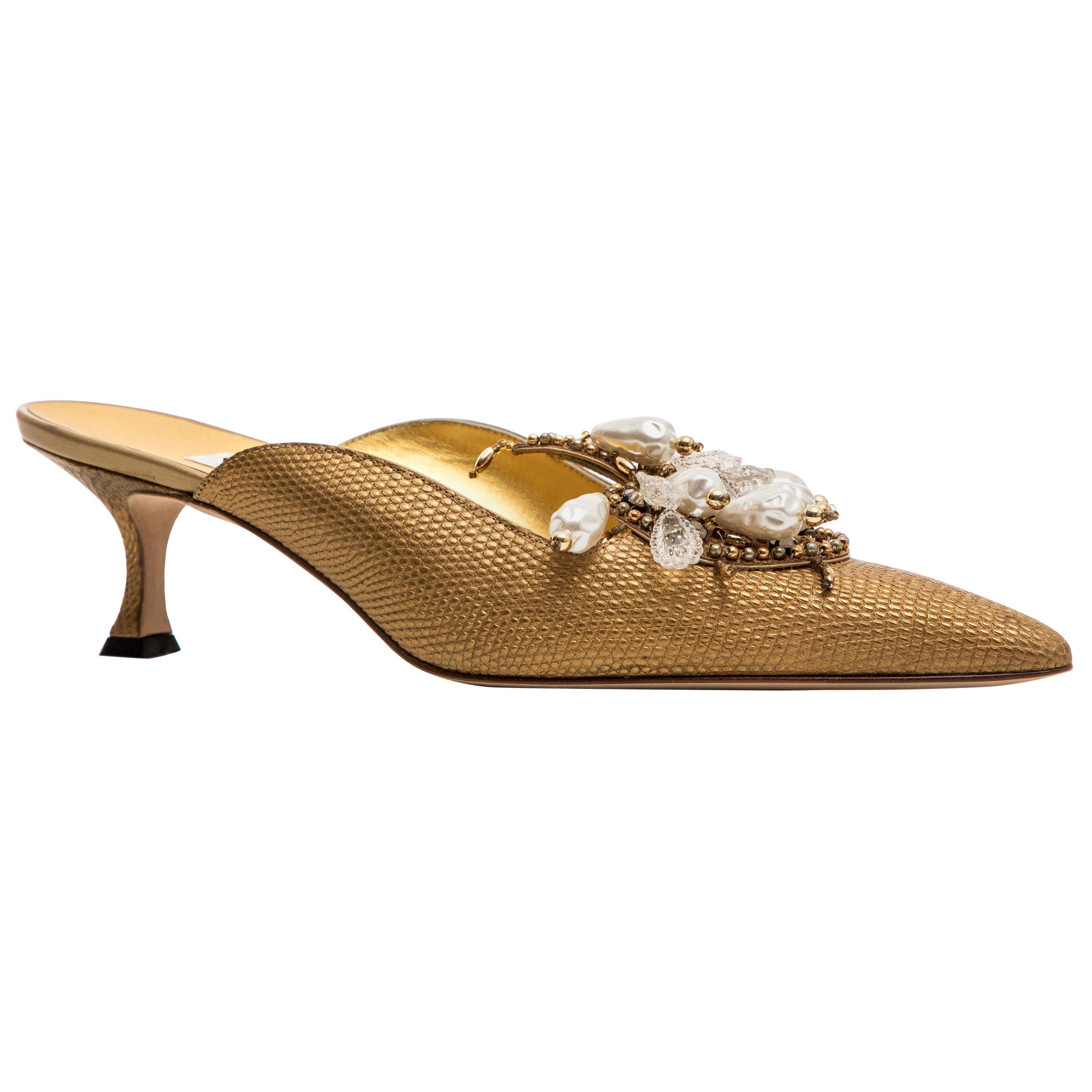 Manolo Blahnik Orientalia Pale Gold Metallic Lizard Skin Mules, Circa: 1998