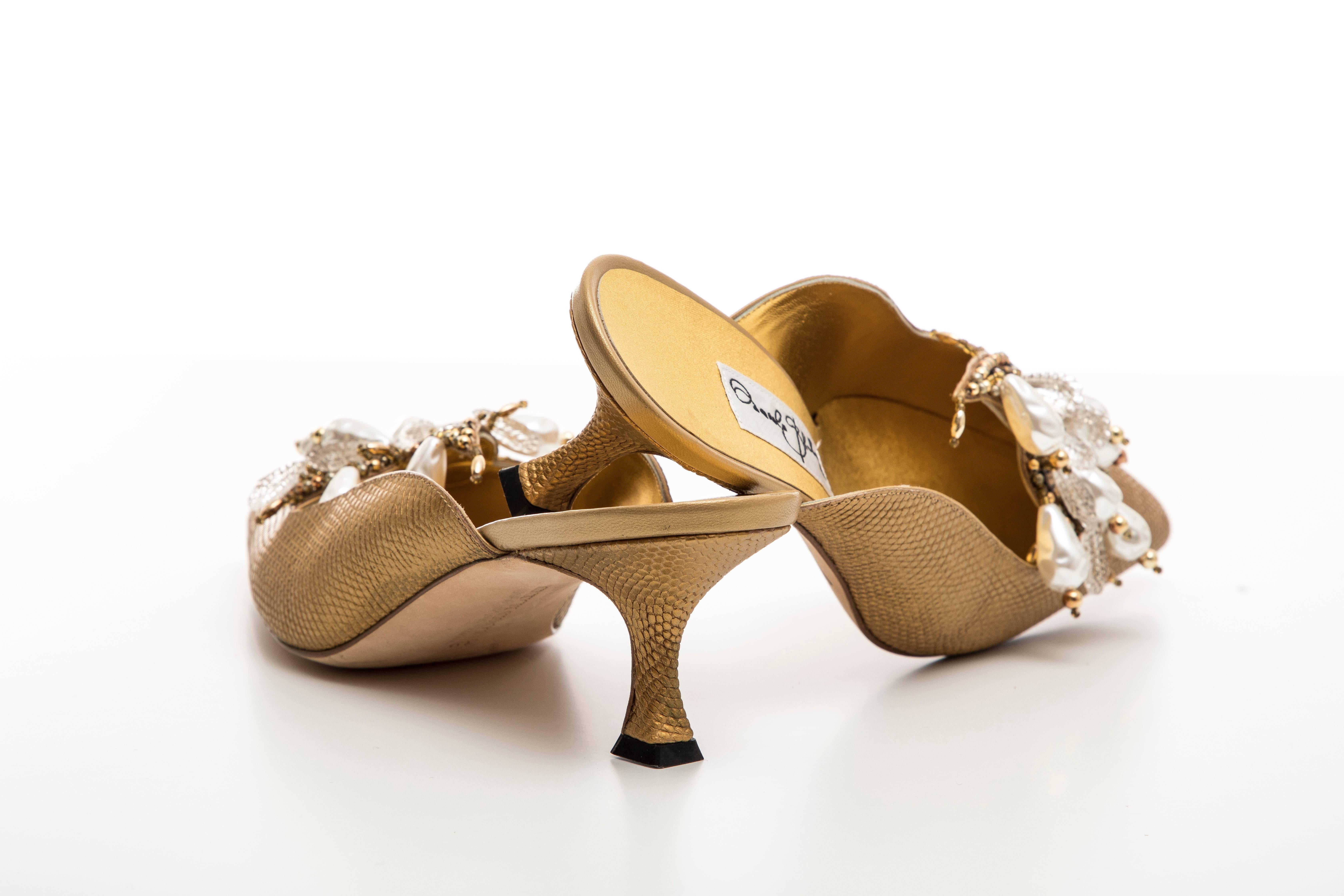 Manolo Blahnik Orientalia Pale Gold Metallic Lizard Skin Mules, Circa: 1998 3